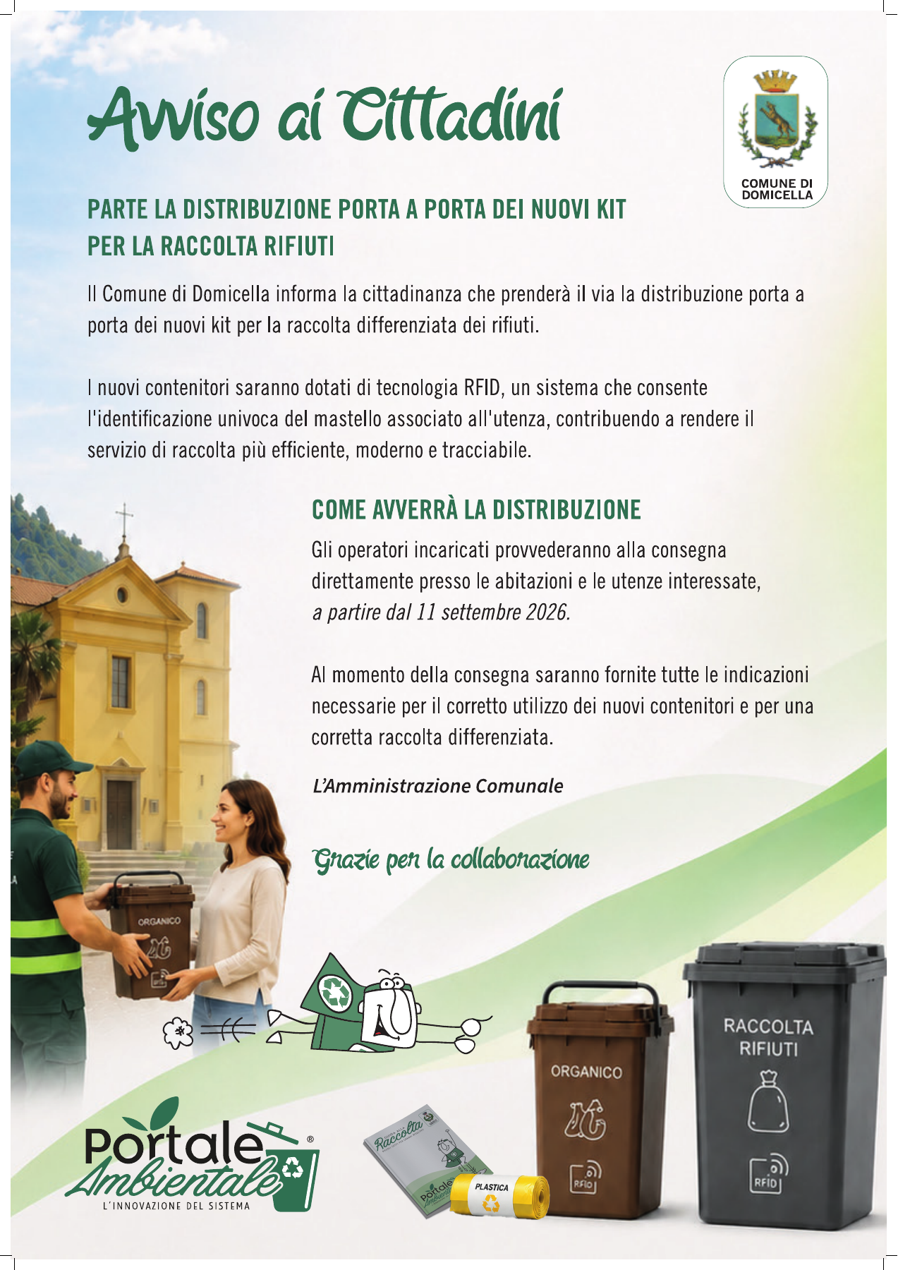Avviso del Comune di Domicella: distribuzione porta a porta dei nuovi kit per la raccolta rifiuti dall’11 settembre 2026. Il testo integrale è riportato sopra.